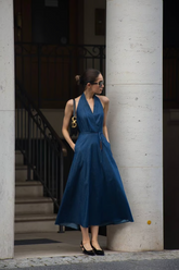 a lady in a denim midi dress
